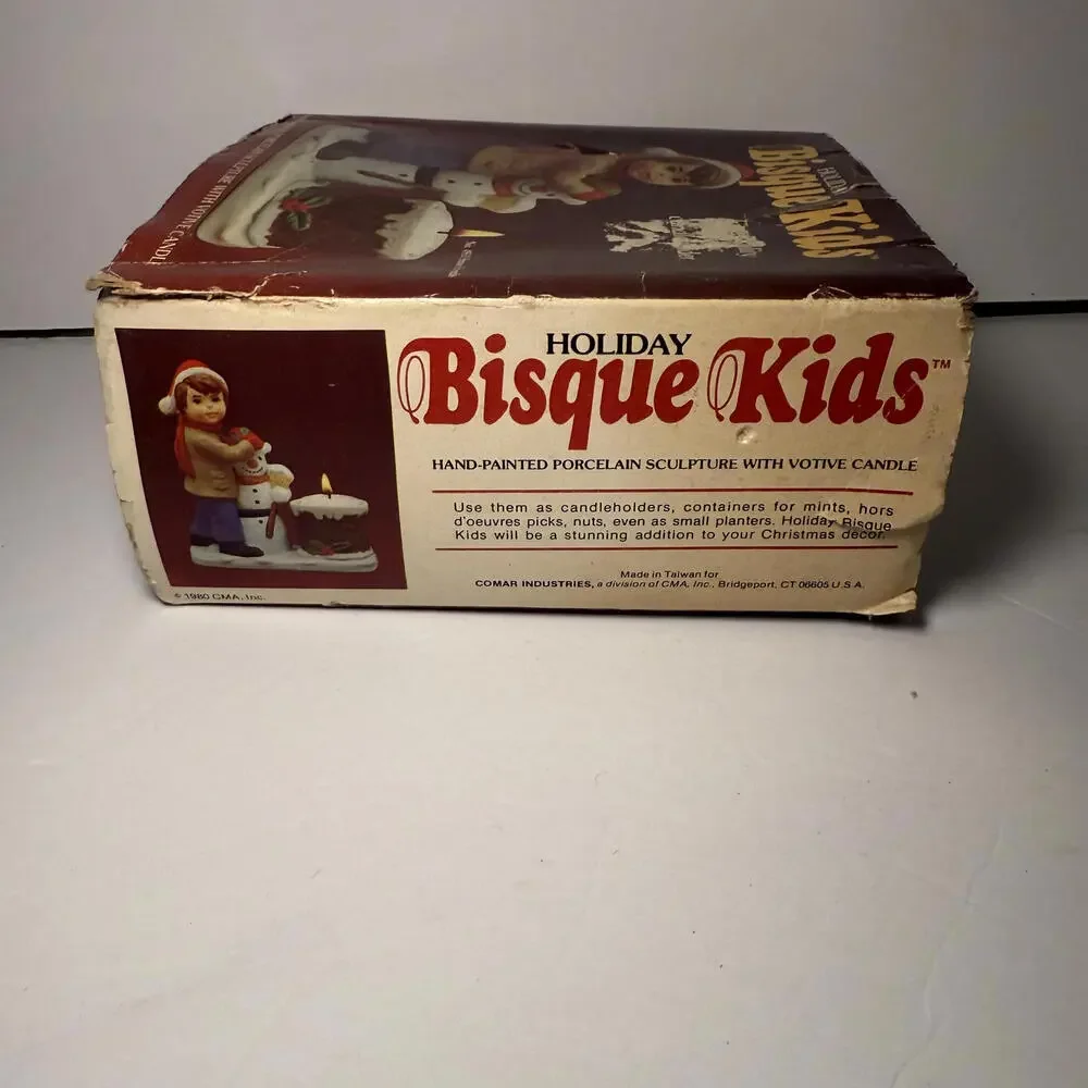 VINTAGE 1980 Holiday Christmas Bisque‎ Kids Snow Friends Candle Holder #1913